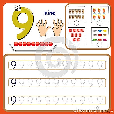 Number cards, Counting and writing numbers, Learning numbers, Numbers tracing worksheet for preschool Stock Photo