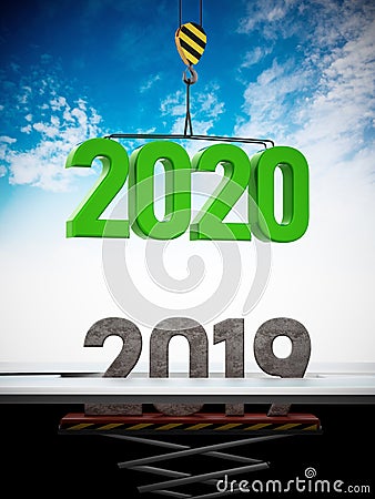 2020 number carried by crane replaces 2019. 3D illustration Cartoon Illustration