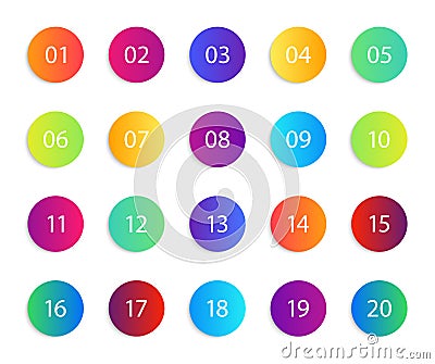 Number with circle. Gradient round icons. Set of infographic points, bullets. List from 1 to 20 for circular button. Design Vector Illustration