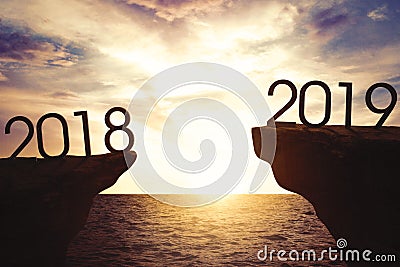 Number 2018 and number 2019 on cliff gap Stock Photo