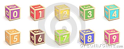 Number collection wooden alphabet blocks font rotated. 3D Cartoon Illustration
