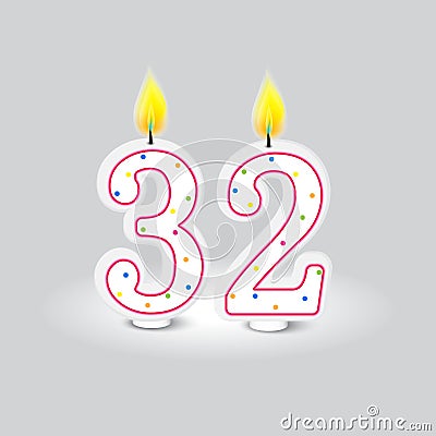 Number 32 with colorful dots. Celebratory candle design. Bright birthday symbol. Vector illustration. EPS 10. Vector Illustration