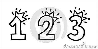 Number 1 2 3 with crown set. Hand drown vector one, two, three. Design for baby birthday, little princess or prince party Stock Photo