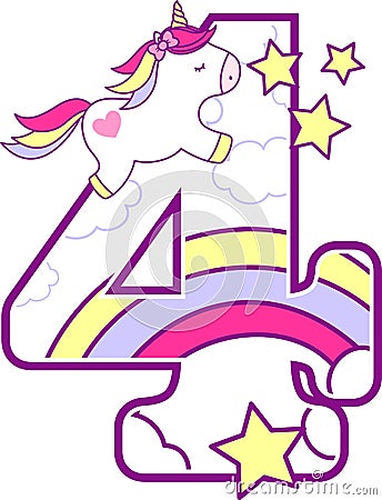 Number 4 with cute unicorn Vector Illustration