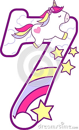 Number 7 with cute unicorn and rainbow Vector Illustration