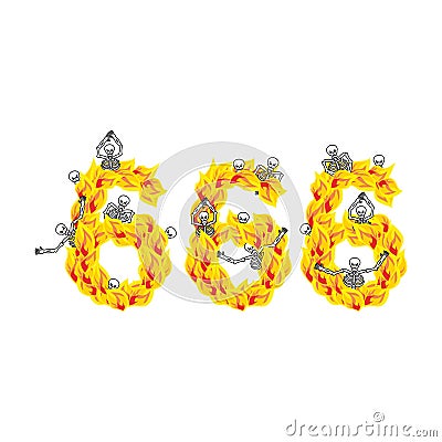 666 number of devil. Fire numeric. Skeletons in inferno. Sinners Vector Illustration