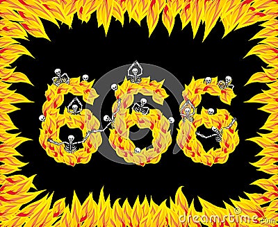 666 number of devil. Fire numeric. Skeletons in inferno. Sinners Vector Illustration