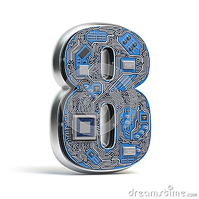 Number 8 eight, Alphabet in circuit board style. Digital hi-tech letter isolated on white. Cartoon Illustration