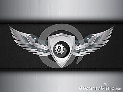 Number eight black ball and shield with wings Stock Photo