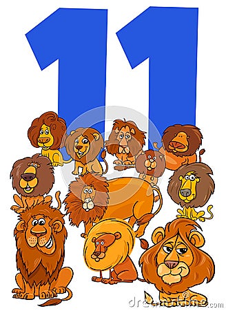 Number eleven for kids with cartoon lions group Vector Illustration