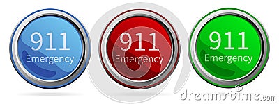 Number emergency 911 vector icon set. Blue, Red and Green silver metallic web buttons. 911 call center Vector Illustration