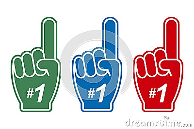 Number 1 - fan foam finger. Set of color hands with one finger up for sports support. Vector. Vector Illustration