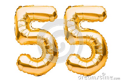 Number 55 fifty five made of golden inflatable balloons isolated on white. Helium balloons, gold foil numbers. Party decoration, Stock Photo