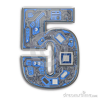 Number 5 five, Alphabet in circuit board style. Digital hi-tech letter isolated on white Cartoon Illustration