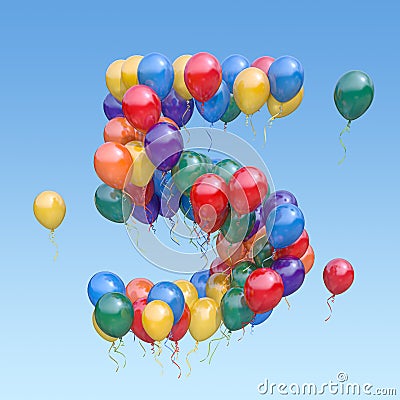 Number 5 five from balloons in the sky. Text letter for age, holiday, birthday, celebration Cartoon Illustration