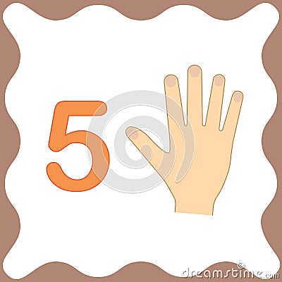 Number 5 five, educational card,learning counting with fingers Vector Illustration