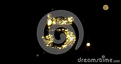 Number five glitter gold. Golden glittering number 5 with glister light and shiny sparks black background Stock Photo