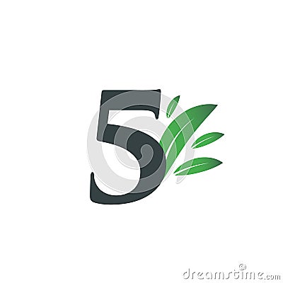 Number Five logo with green leaves. Natural number 5 logo Vector Illustration