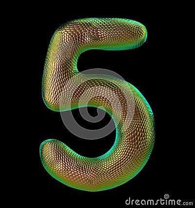 Number 5 five made of natural gold snake skin texture isolated on black Stock Photo