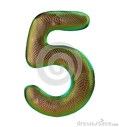 Number 5 five made of natural gold snake skin texture isolated on white Stock Photo