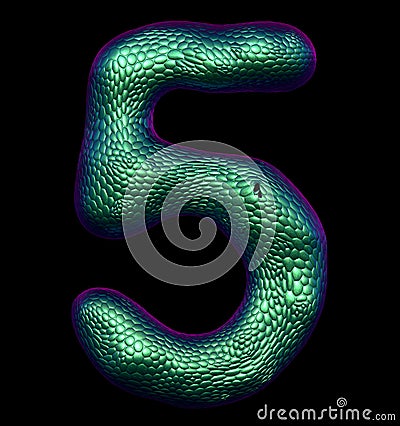 Number 5 five made of natural green snake skin texture isolated on black Stock Photo