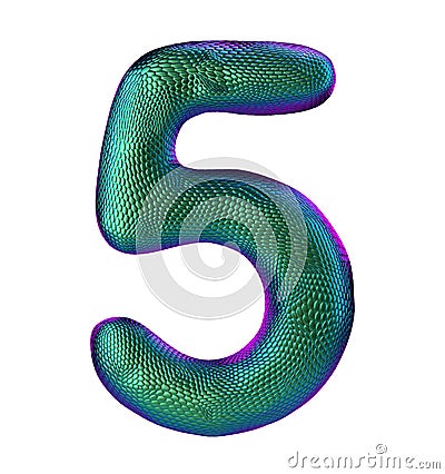 Number 5 five made of natural green snake skin texture isolated on white Stock Photo