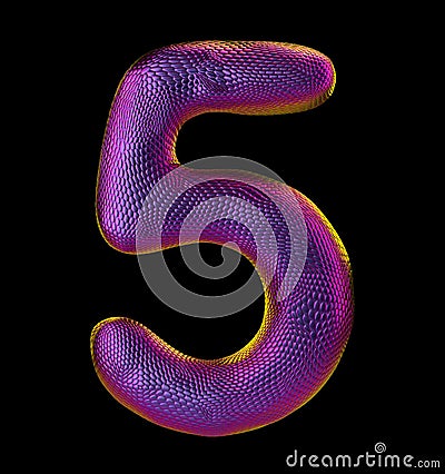 Number 5 five made of natural purple snake skin texture isolated on black Stock Photo