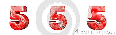 Number 5 Five from Red scratched metallic numbers collection set. Isolated. 3D Rendering Stock Photo