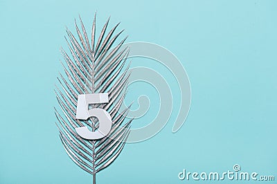 Number five shape with silver palm leaves on blue background. Summer concept. Flat lay. Top view Stock Photo