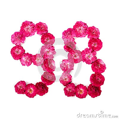 Number 98 from flowers of a red and pink rose on a white background. Typographic element for design. Stock Photo