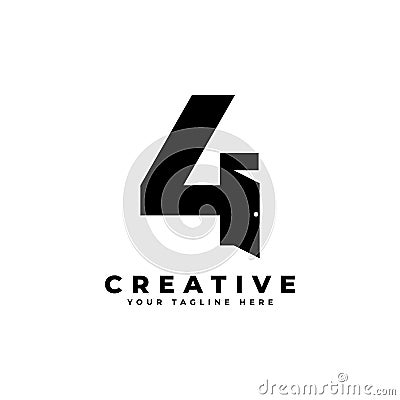 Number Four Door Negative Space Logo Design. Usable for Construction Architecture Building Logo. Vector Illustration