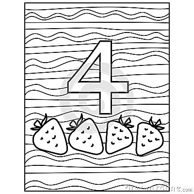 Number four learning page coloring, fruit and volumetric figure with a striped background for kids activity Vector Illustration