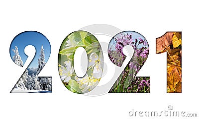 Number 2021 from four seasons photos. Stock Photo