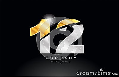 number 12 gold silver grey metal on black background logo Vector Illustration