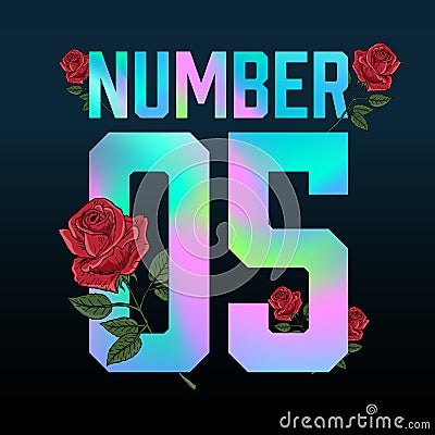 Number 5 Holographic typography and roses, tee shirt graphic, printed design. Stock Photo
