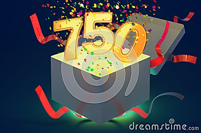 Number 750 inside gift box with confetti and shiny light, 3D rendering Stock Photo