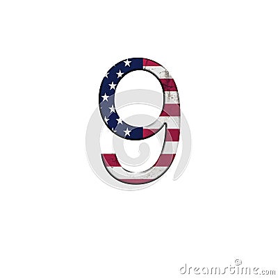 Number 9 on isolated background . National USA flag decoration alphabet symbol Cartoon Illustration