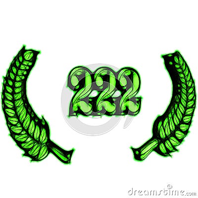 Number 222 with laurel wreath or honor wreath as a 3D-illustration, 3D-rendering Cartoon Illustration