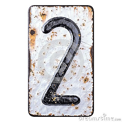 Number 2 made of forged metal on the background fragment of a metal surface with cracked rust. Stock Photo