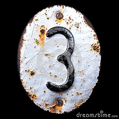 Number 3 made of forged metal on the background fragment of a metal surface with cracked rust. Stock Photo