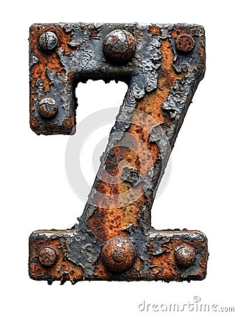 Number 7 made of rusty metal in grunge style. Cartoon Illustration
