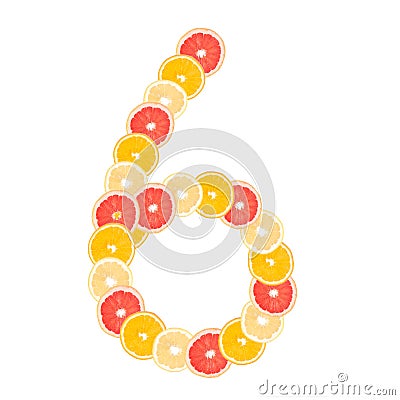 The number `6` made from sliced citrus fruits. Oranges, grapefruit. Isolated on white background Stock Photo