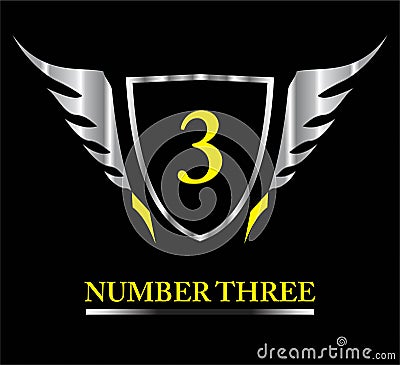 3, number 3, number three, Metallic Winged Shield Stock Photo