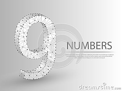 Number nine 3D low poly abstract illustration.Origami vector digit 9 wireframe concept. Vector Illustration