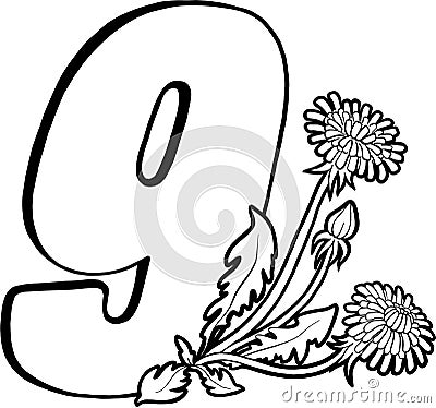 Number nine with dandelions. Page for children`s creativity. Coloring book page. Flowers and numbers. Vector numbers Stock Photo