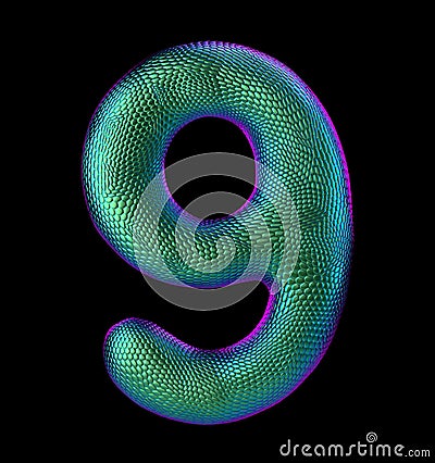 Number 9 nine made of natural green snake skin texture isolated on black Stock Photo