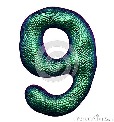 Number 9 nine made of natural green snake skin texture isolated on white Stock Photo