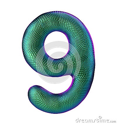 Number 9 nine made of natural green snake skin texture isolated on white Stock Photo