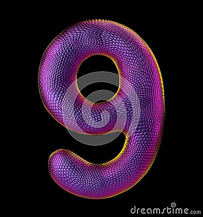 Number 9 nine made of natural purple snake skin texture isolated on black Stock Photo