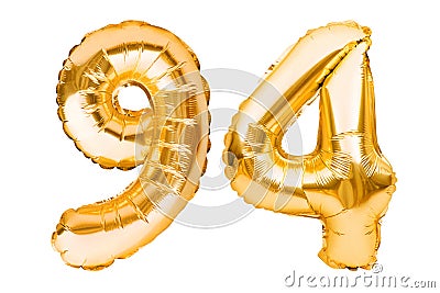 Number 94 ninety four made of golden inflatable balloons isolated on white. Helium balloons, gold foil numbers. Party decoration, Stock Photo